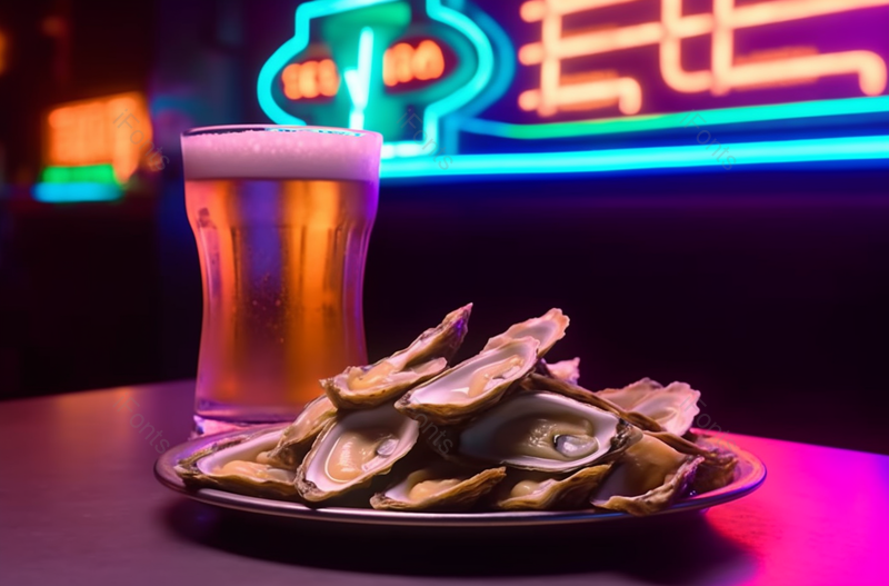 实拍美食夜市霓虹灯海鲜蛎子啤酒,高清,摄影图,摄影图片,图片大全,摄影图免费下载